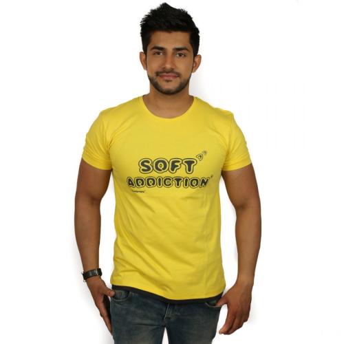 Printed Mens Round Yellow Neck T-Shirt