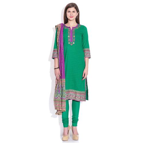Biba Green Embroidered Churidar Kurta With Dupatta Biba Green Embroidered Churidar Kurta With Dupatta