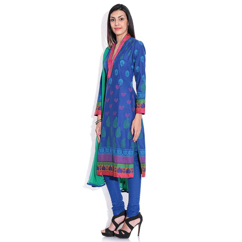 Biba Blue Green Printed Churidar Kurta With Dupatta