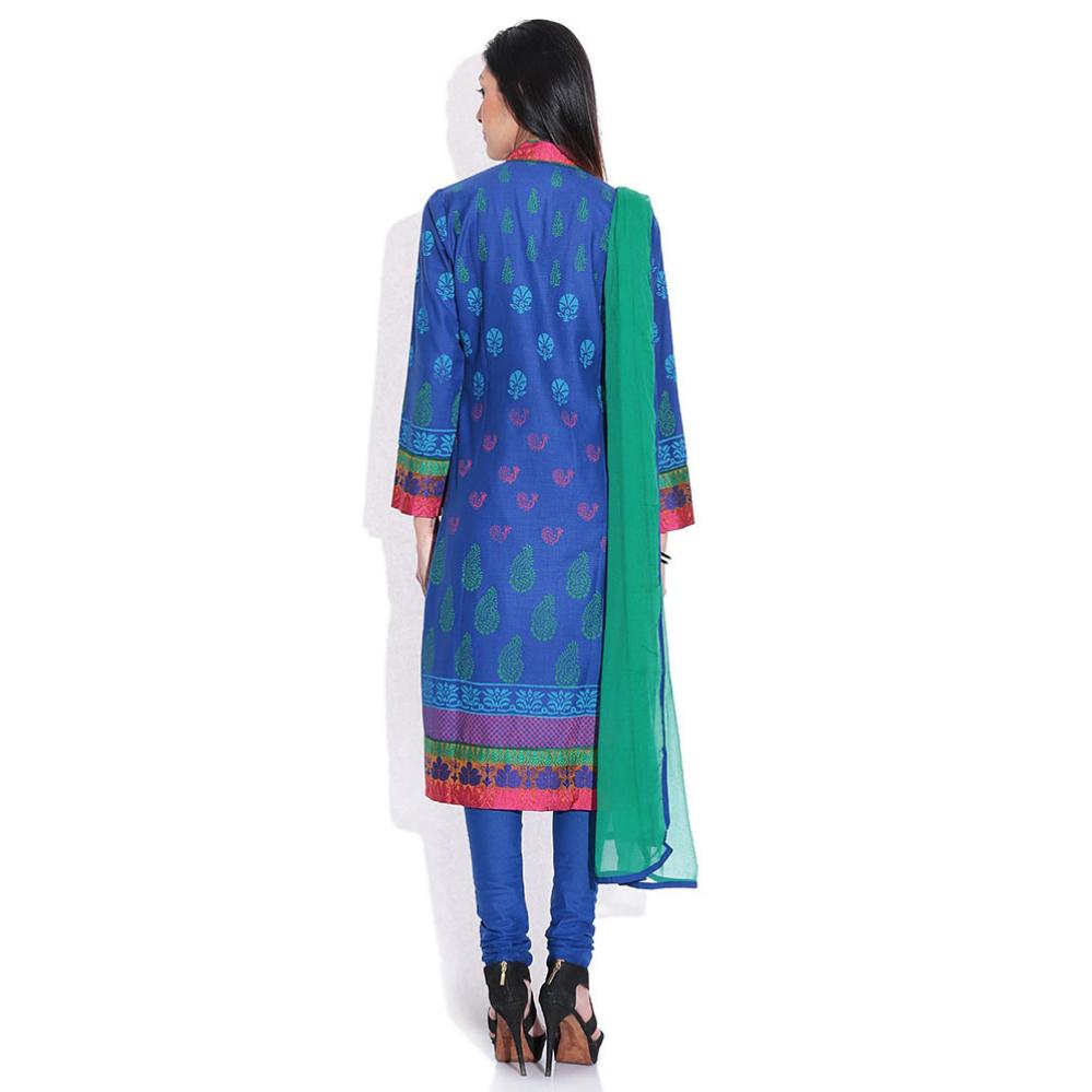 Biba Blue Green Printed Churidar Kurta With Dupatta