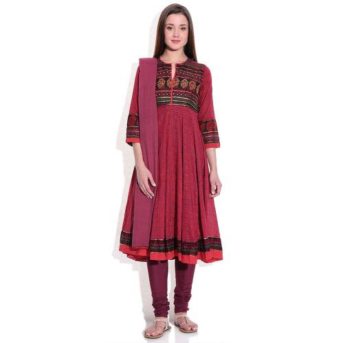 Biba Maroon Printed Churidar Anarkali Kurta With Dupatta Biba Maroon Printed Churidar Anarkali Kurta With Dupatta