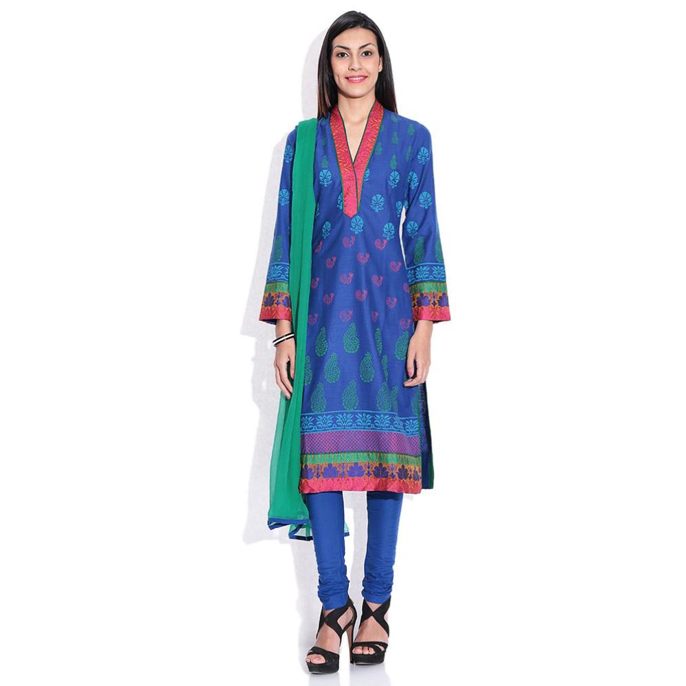 Biba Blue Green Printed Churidar Kurta With Dupatta